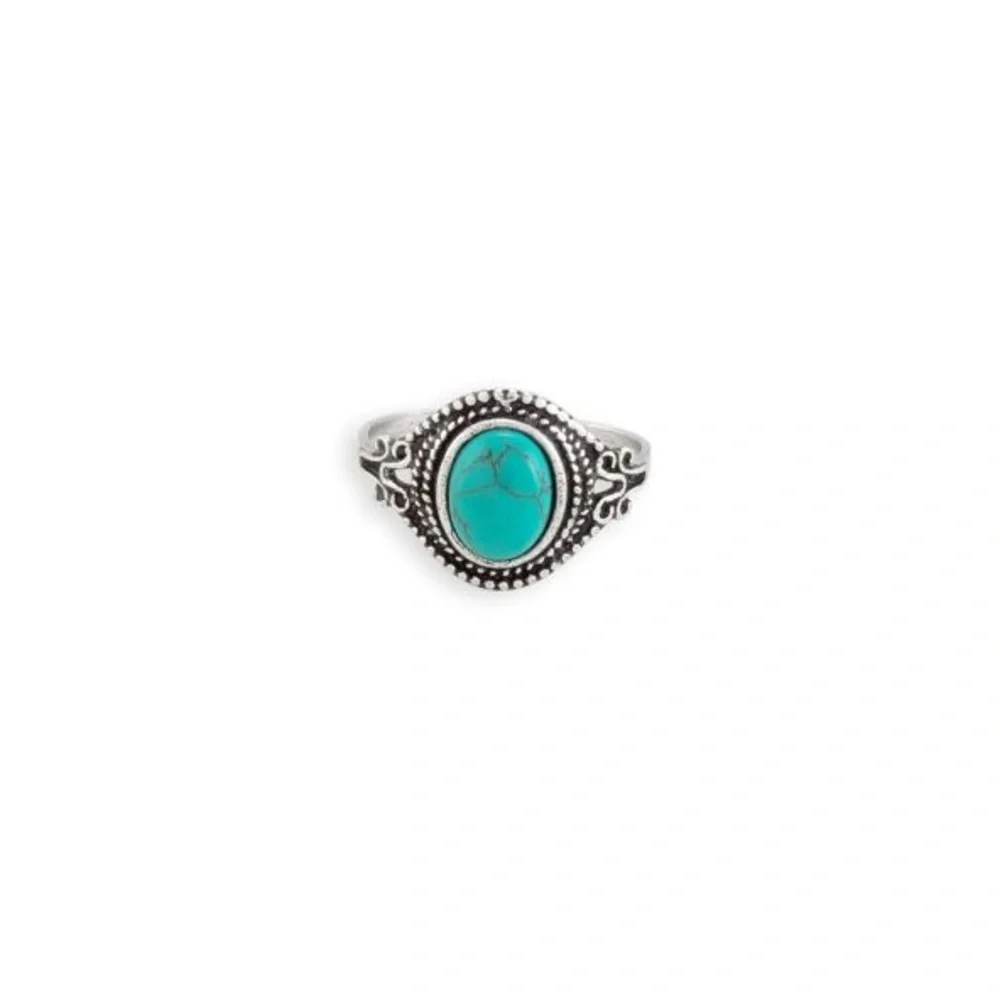 New One size silver toned brass adjustable Faux Turquoise ring Boho Western